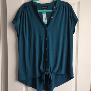 Teal Button-Down Shirt with Tie-Front